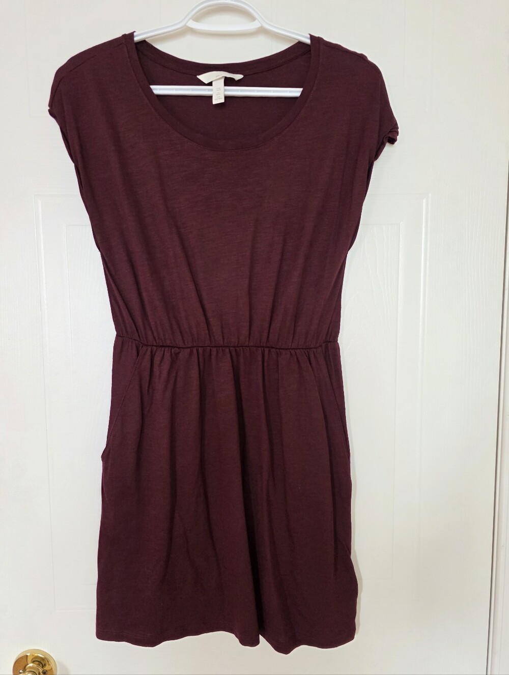 H&M Short Sleeve Dress With Pockets, Burgundy, XS